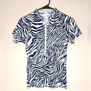 Jude Connally Blue and White Zebra Print Zip Front Top